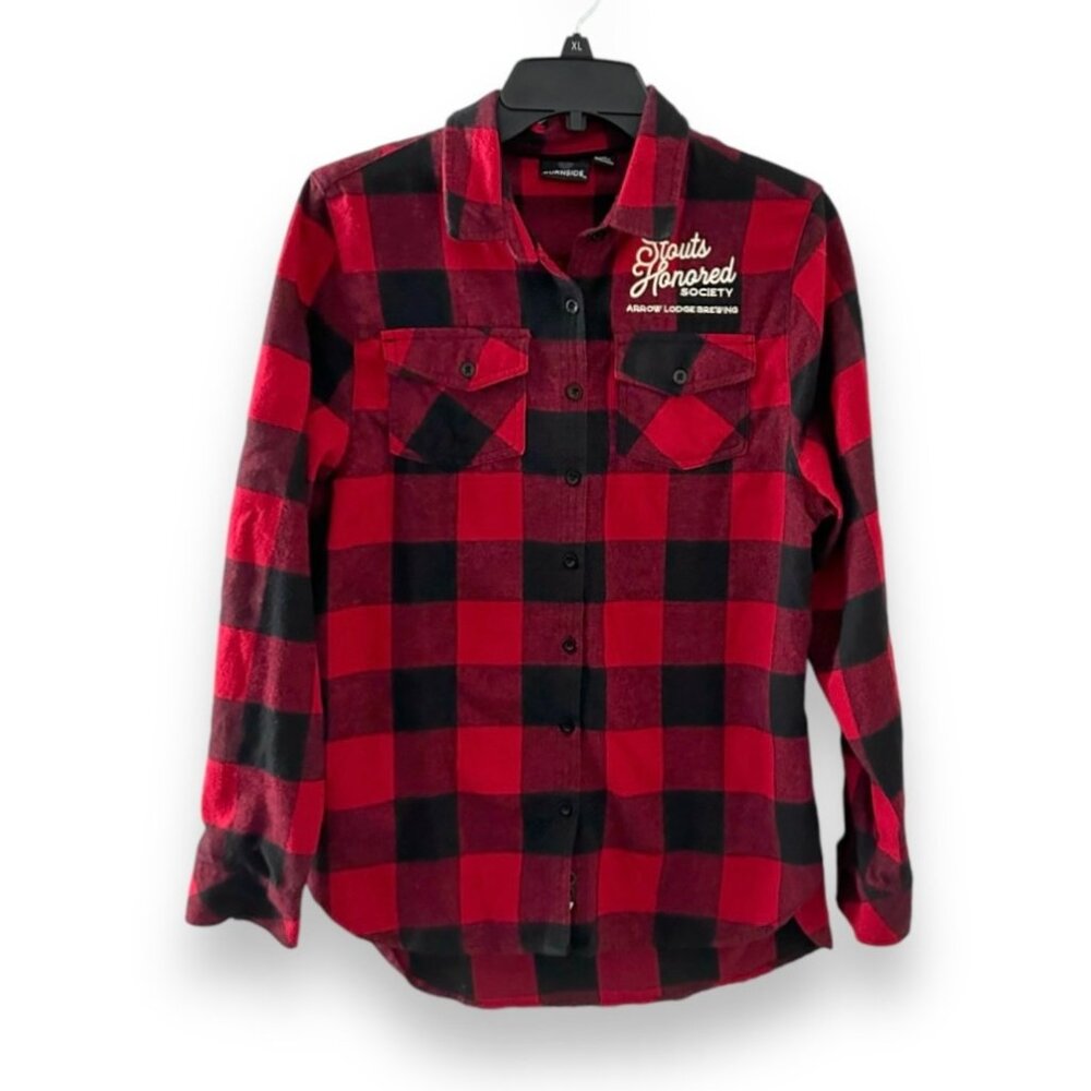 Arrow Lodge Brewing Stouts Society Red Black Plaid Flannel Shirt Men’s Sz Medium